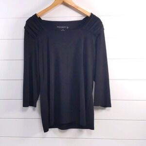 Susan Graver Women's Liquid Stitch Ruched Shoulder Blouse Black sz M